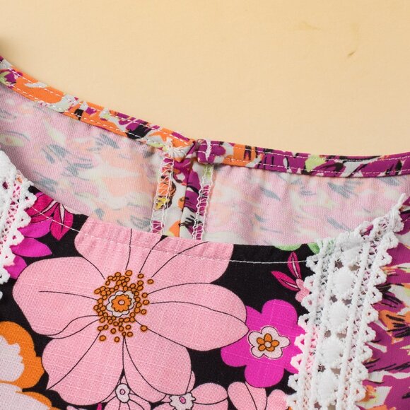 🌹 Rose Red Bubble Sleeve Lace Trim Floral Mixed Print Blouse - Picture 7 of 14